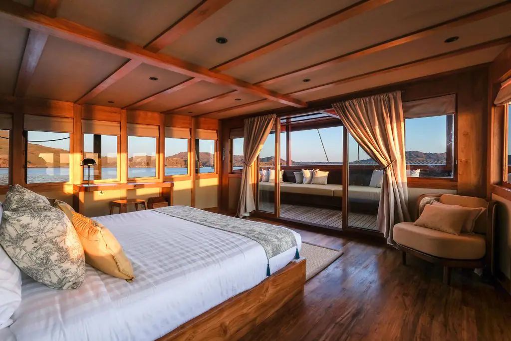 stateroom at celestia boat, wooden exterior, sunrise view from the deck